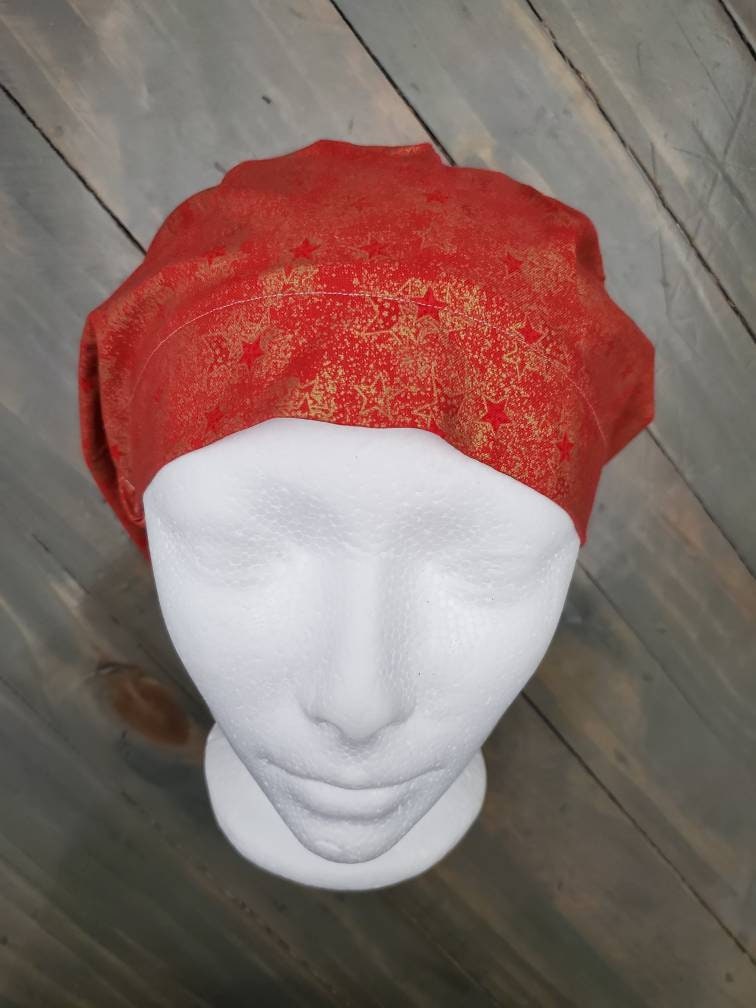 Red/gold stars bouffant/euro hybrid style surgical/scrub/dental hat by Carolinadreamsbyjen