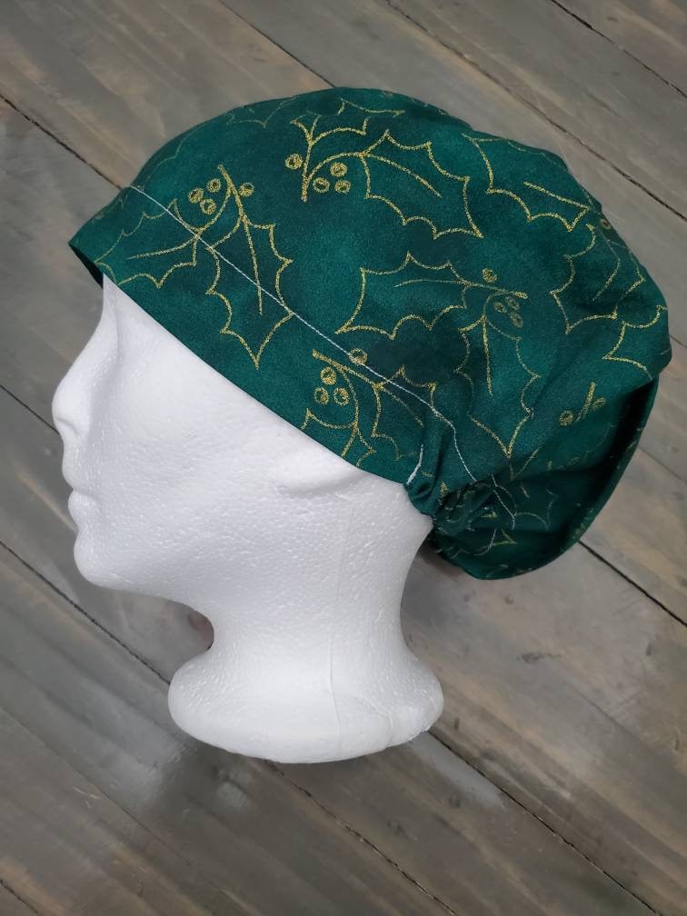 Holly and gold bouffant/Euro hybrid style surgical/scrub/dental hat by Carolinadreamsbyjen