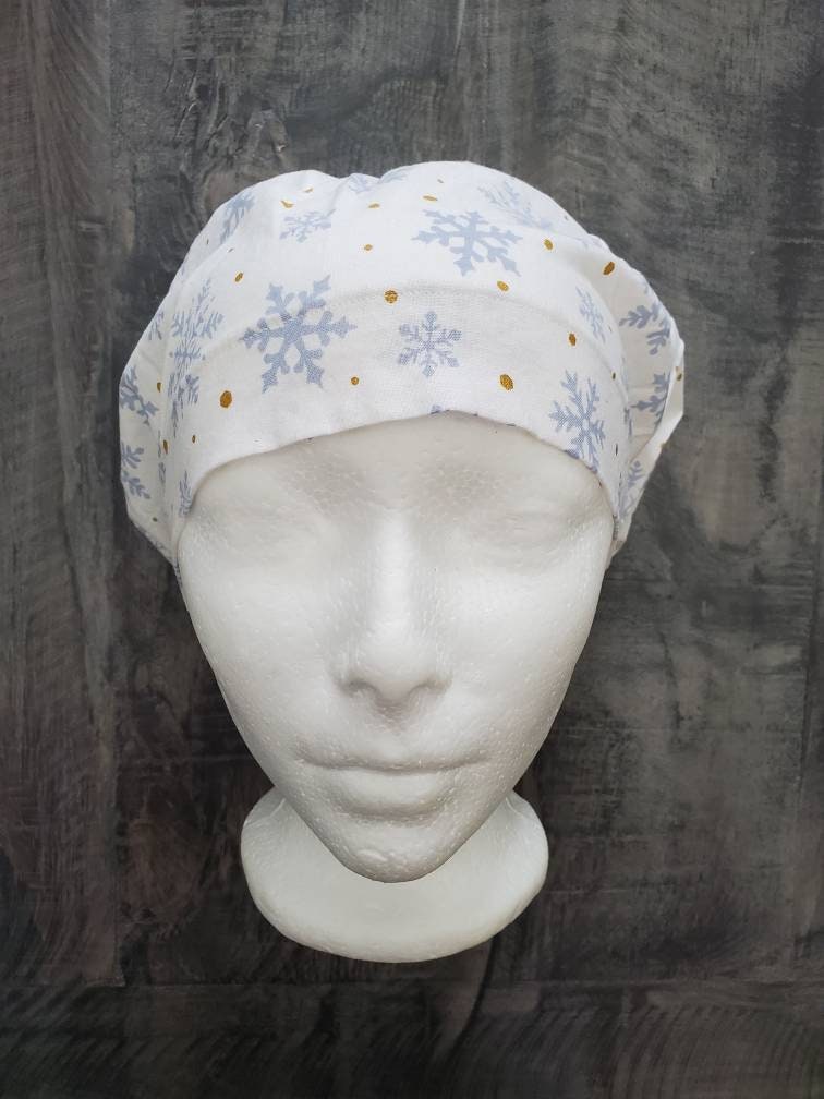 Snowflakes and dots bouffant/Euro hybrid style surgical/scrub/dental hat by Carolinadreamsbyjen