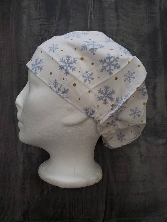 Snowflakes and dots bouffant/Euro hybrid style surgical/scrub/dental hat by Carolinadreamsbyjen