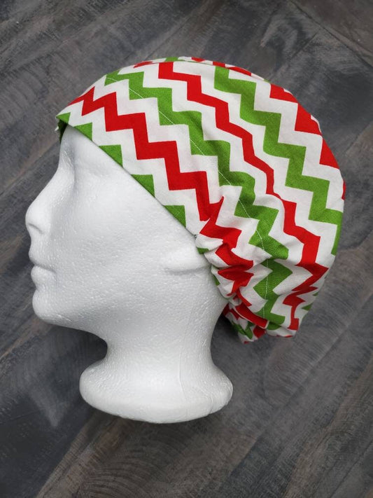 Christmas chevron bouffant/euro hybrid style surgical/scrub/dental hat by Carolinadreamsbyjen