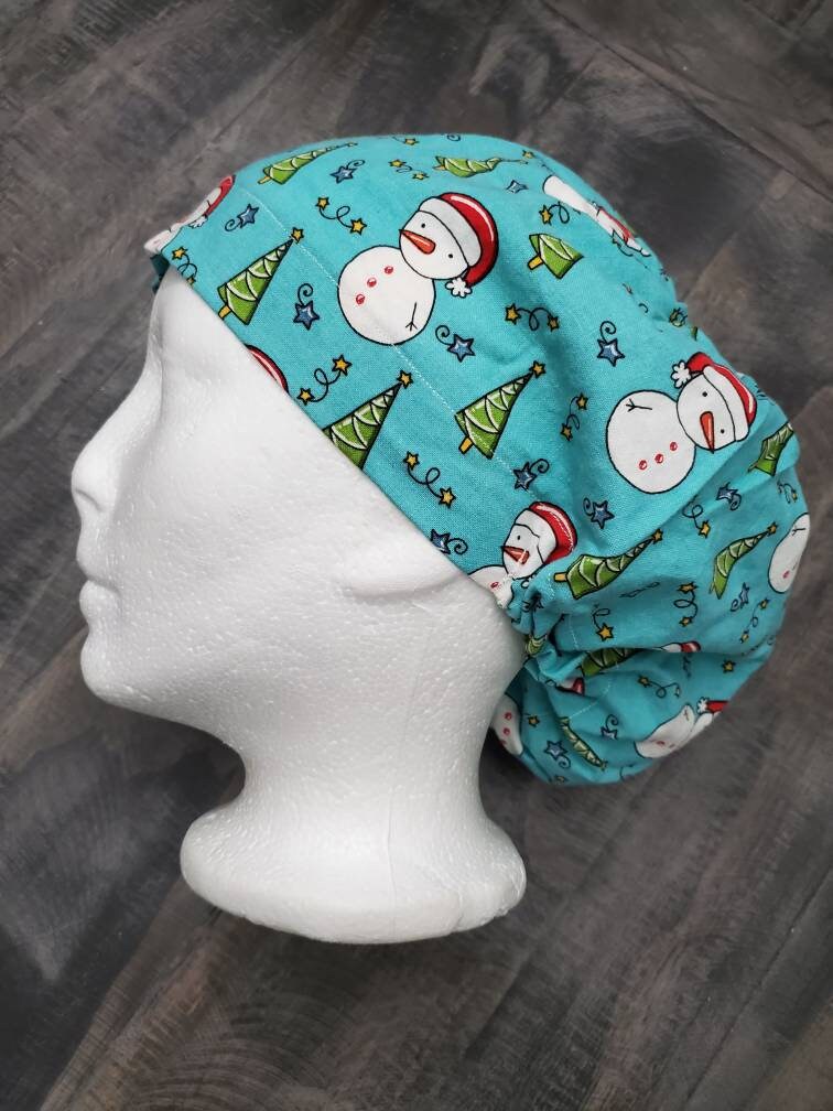 Snowmen forest Bouffant/euro hybrid style surgical/scrub/dental hat by Carolinadreamsbyjen