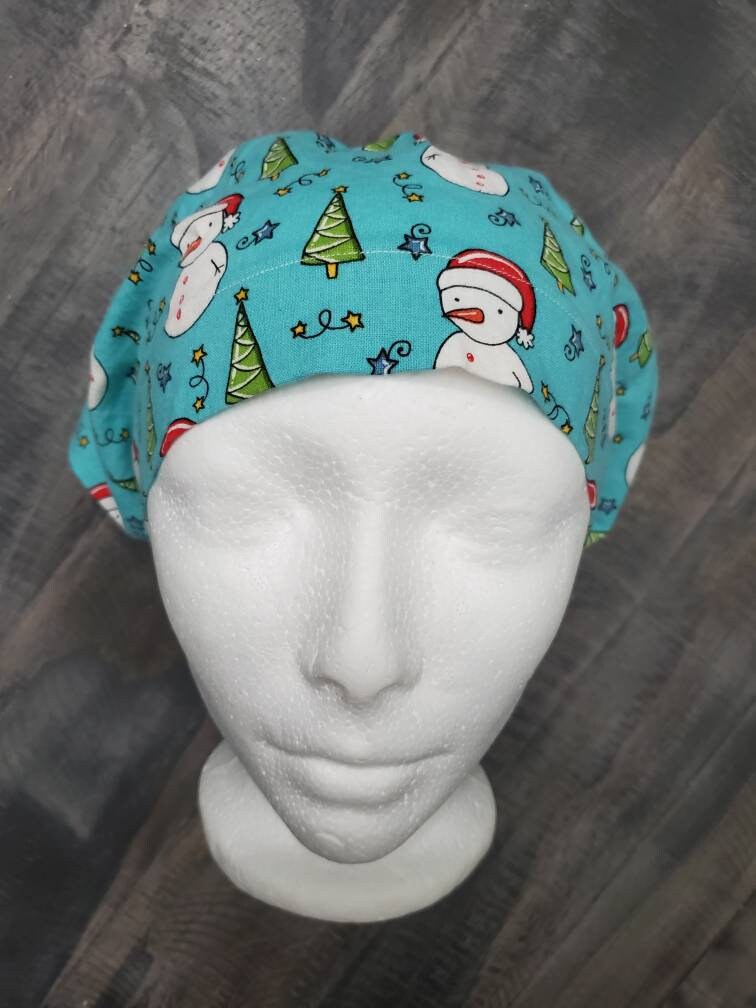 Snowmen forest Bouffant/euro hybrid style surgical/scrub/dental hat by Carolinadreamsbyjen