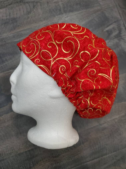 Red/Gold swirls bouffant/euro hybrid style surgical/scrub/dental hat by Carolinadreamsbyjen