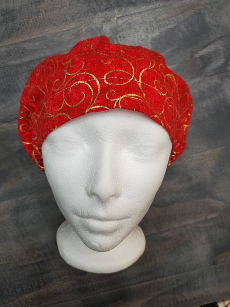 Red/Gold swirls bouffant/euro hybrid style surgical/scrub/dental hat by Carolinadreamsbyjen