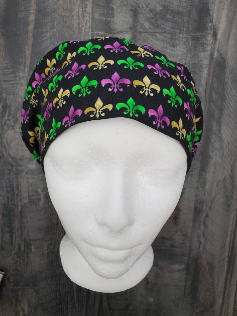 Mardi Gras Fleur de lis bouffant/euro hybrid style surgical/scrub/dental hat by Carolinadreamsbyjen