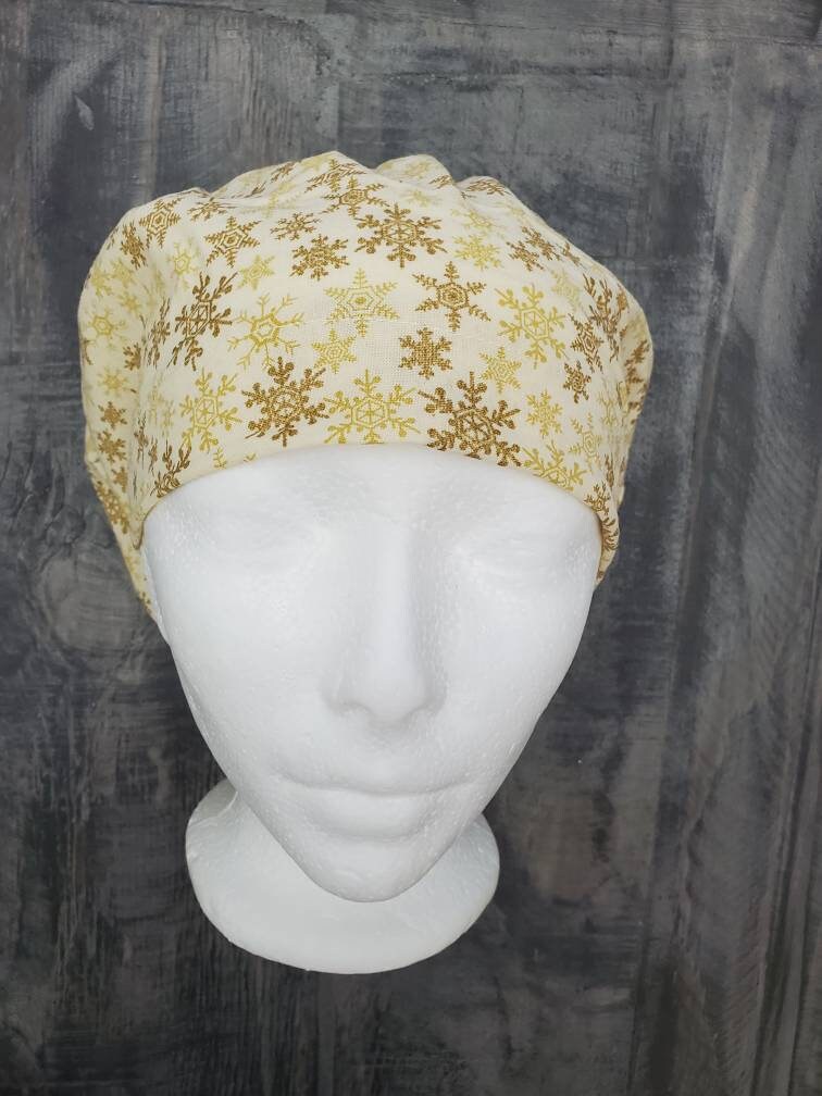 Gold snowflakes bouffant/euro hybrid style surgical/scrub/dental hat by Carolinadreamsbyjen