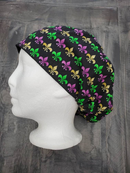 Mardi Gras Fleur de lis bouffant/euro hybrid style surgical/scrub/dental hat by Carolinadreamsbyjen