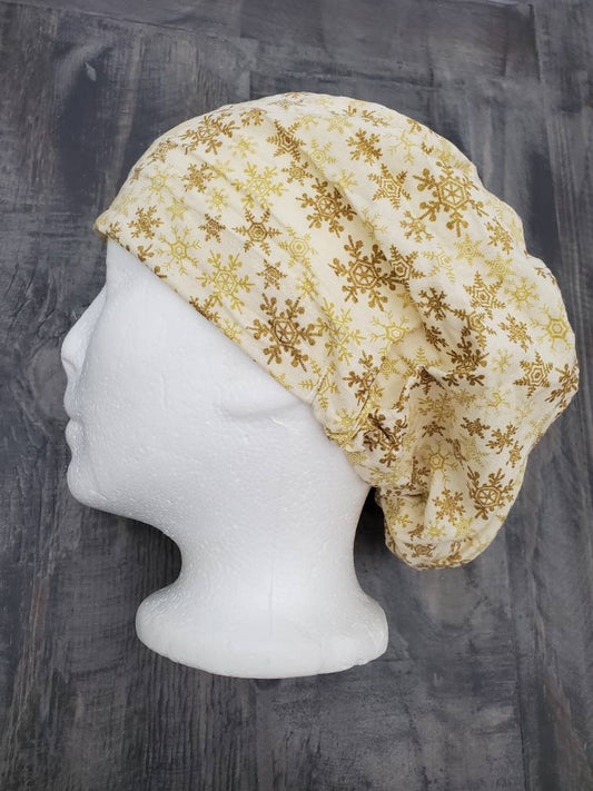 Gold snowflakes bouffant/euro hybrid style surgical/scrub/dental hat by Carolinadreamsbyjen