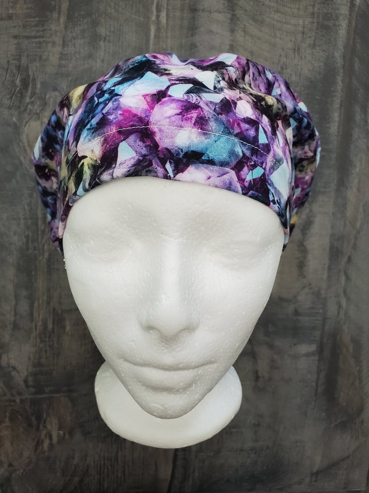 Purple kaleidoscope bouffant/euro hybrid style surgical/scrub/dental hat