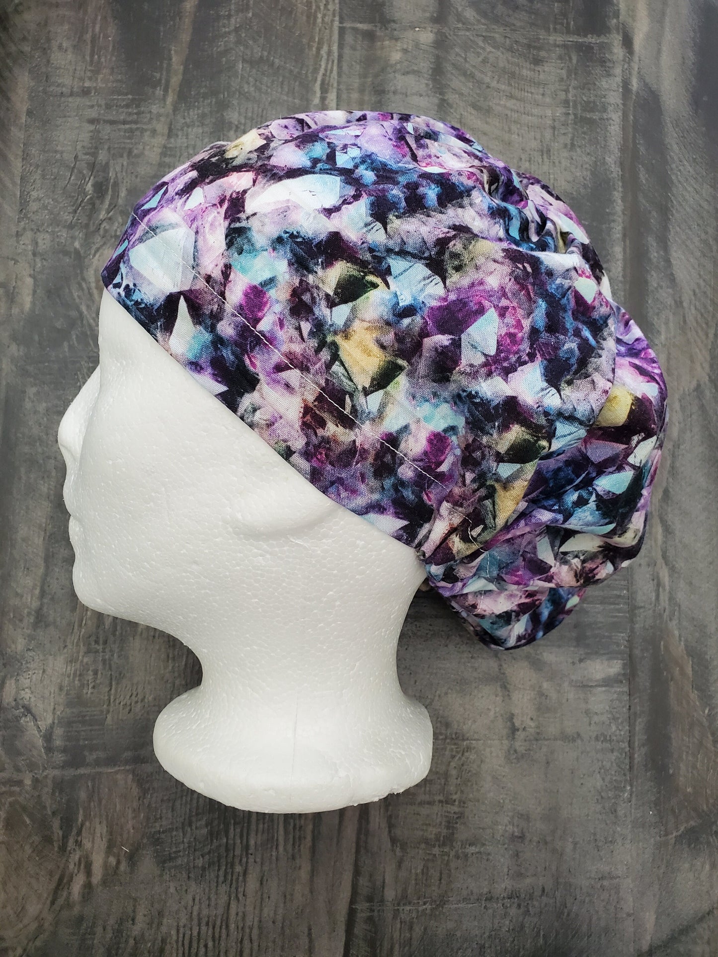 Purple kaleidoscope bouffant/euro hybrid style surgical/scrub/dental hat