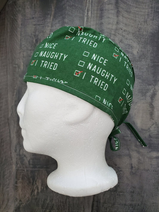 Naughty, Nice, I tried on green mens style surgical/scrub/dental hat by Carolinadreamsbyjen