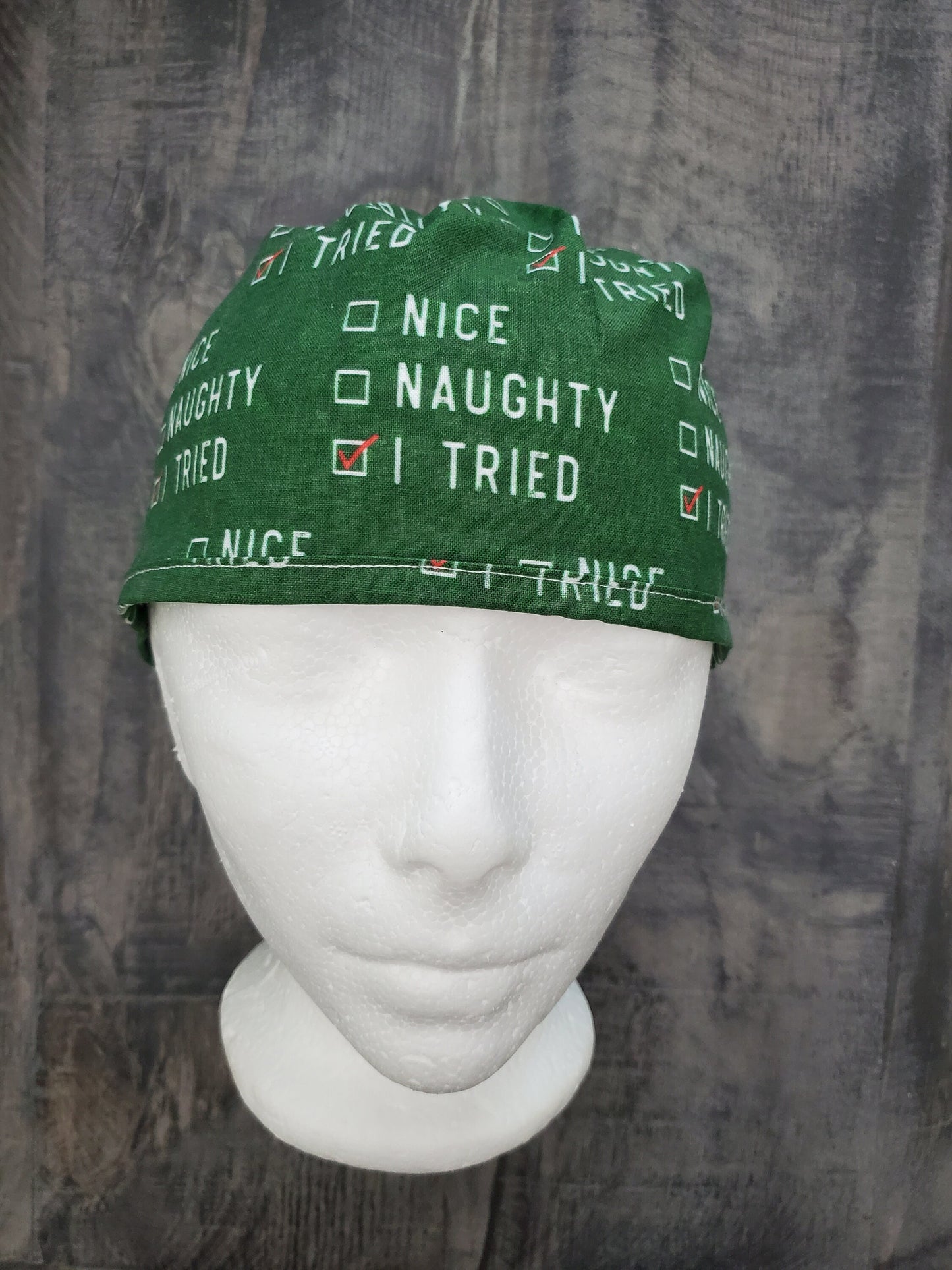 Naughty, Nice, I tried on green mens style surgical/scrub/dental hat by Carolinadreamsbyjen