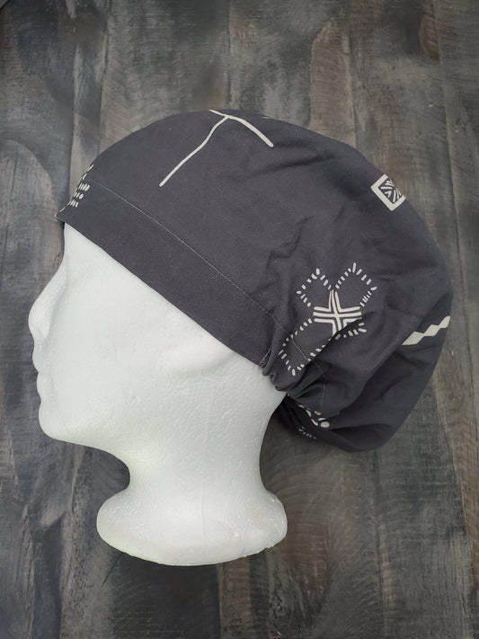 Crosses on grey euro/bouffant hybrid style surgical/scrub/dental hat