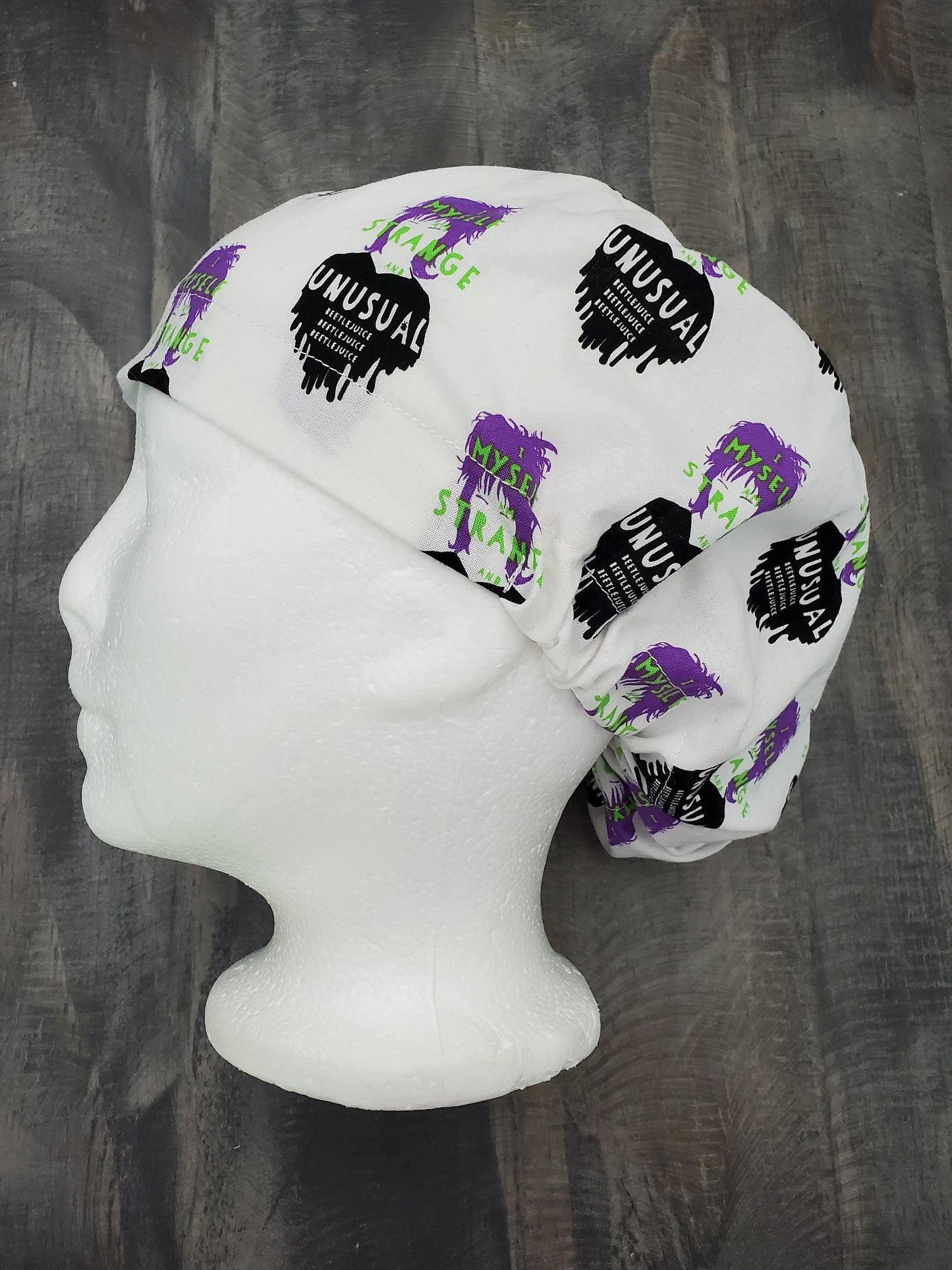 Strange and Unusual (Beetlejuice) bouffant/euro hybrid style surgical/scrub/dental hat by CarolinaDreamsbyjen