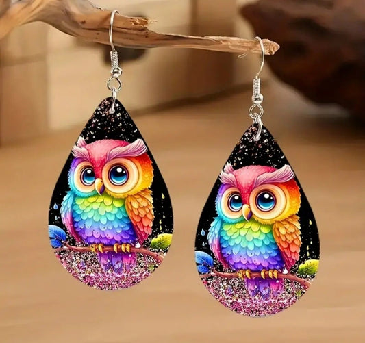 Colorful owl wooden earrings