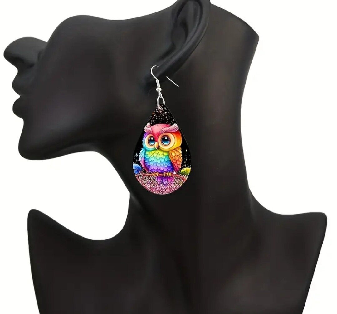 Colorful owl wooden earrings