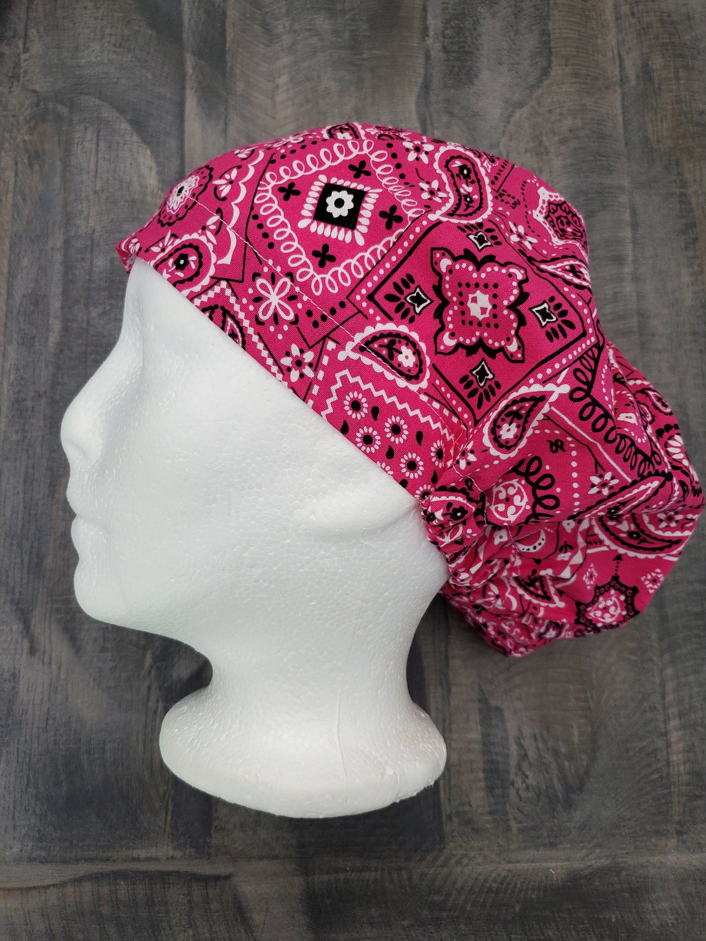 Pink bandana adjustable bouffant/euro style surgical/scrub/dental hat by CarolinaDreamsbyjen