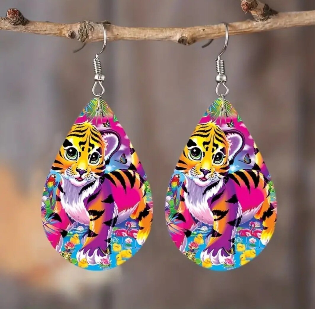 Colorful tiger wooden earrings